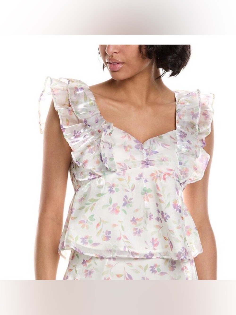 Wild Fox Floral Ruffle Strap White Peplum Top